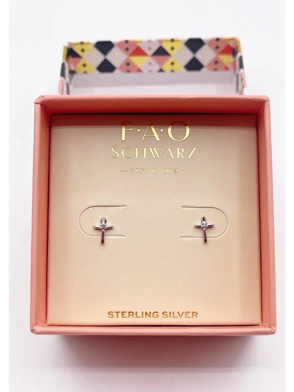 New FAO Schwarz 925 Sterling Silver Crystal Cross Stud Earrings Tiny Minimalist